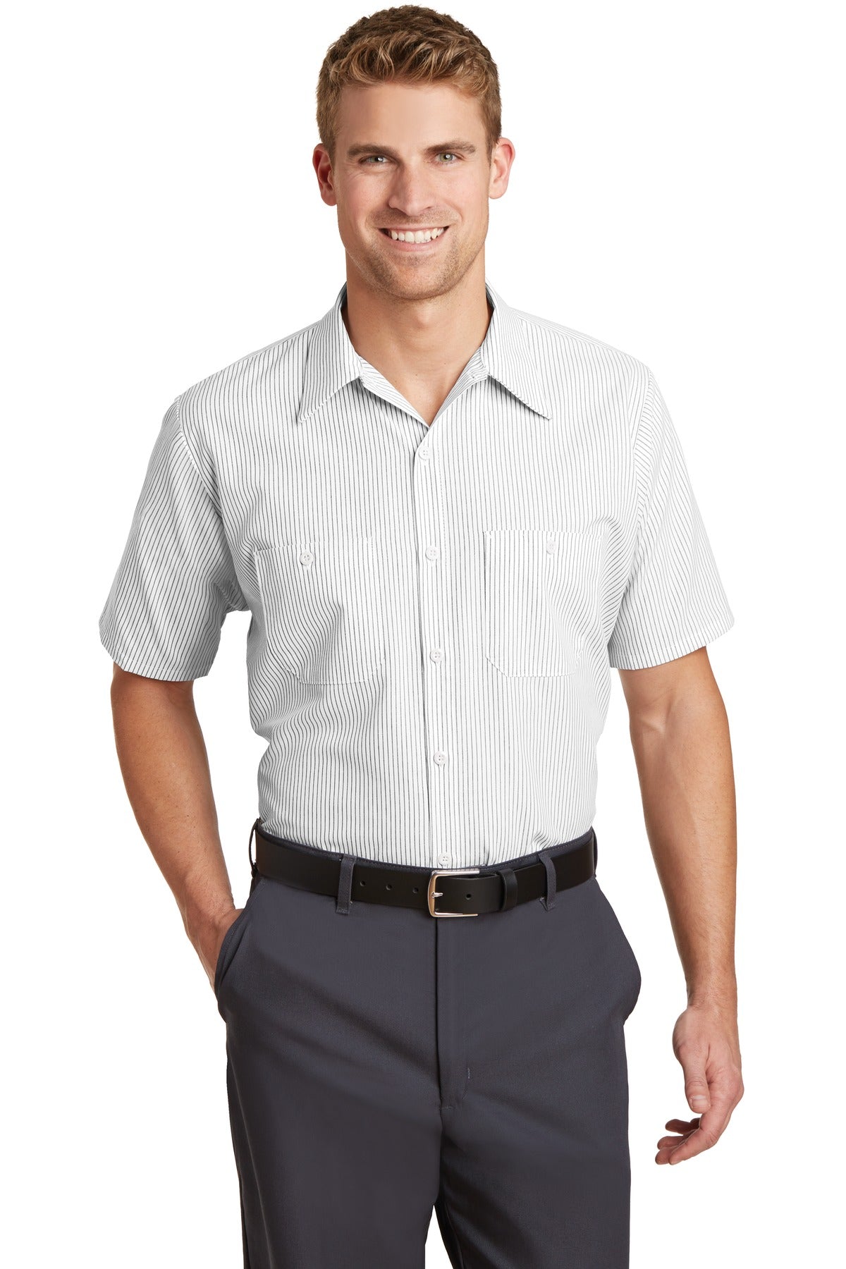 Red Kap Short Sleeve Striped Industrial Work Shirt CS20 Grey/White
