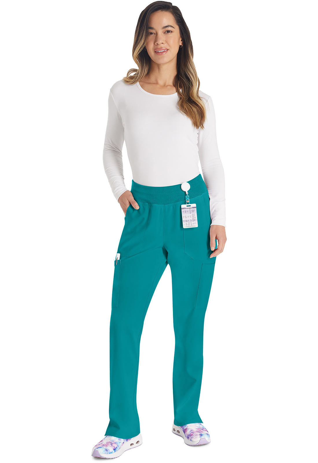 EDS Essentials DK005 Women's Natural Rise Tapered Leg Pull-On Scrub Pants Teal Blue