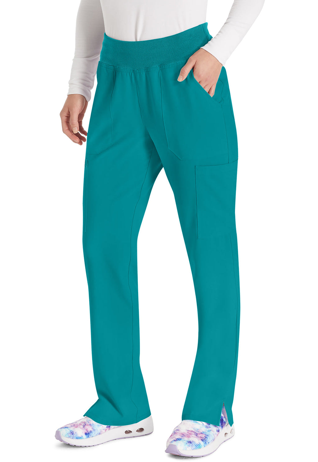 EDS Essentials DK005 Women's Natural Rise Tapered Leg Pull-On Scrub Pants Teal Blue