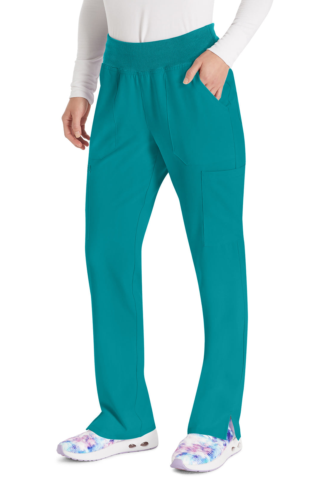 EDS Essentials DK005 Women's Natural Rise Tapered Leg Pull-On Scrub Pants Teal Blue