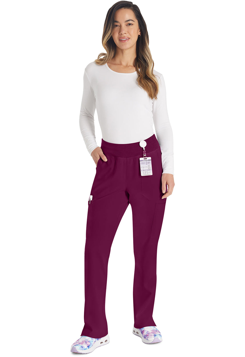 EDS Essentials DK005 Women's Natural Rise Tapered Leg Pull-On Scrub Pants Wine