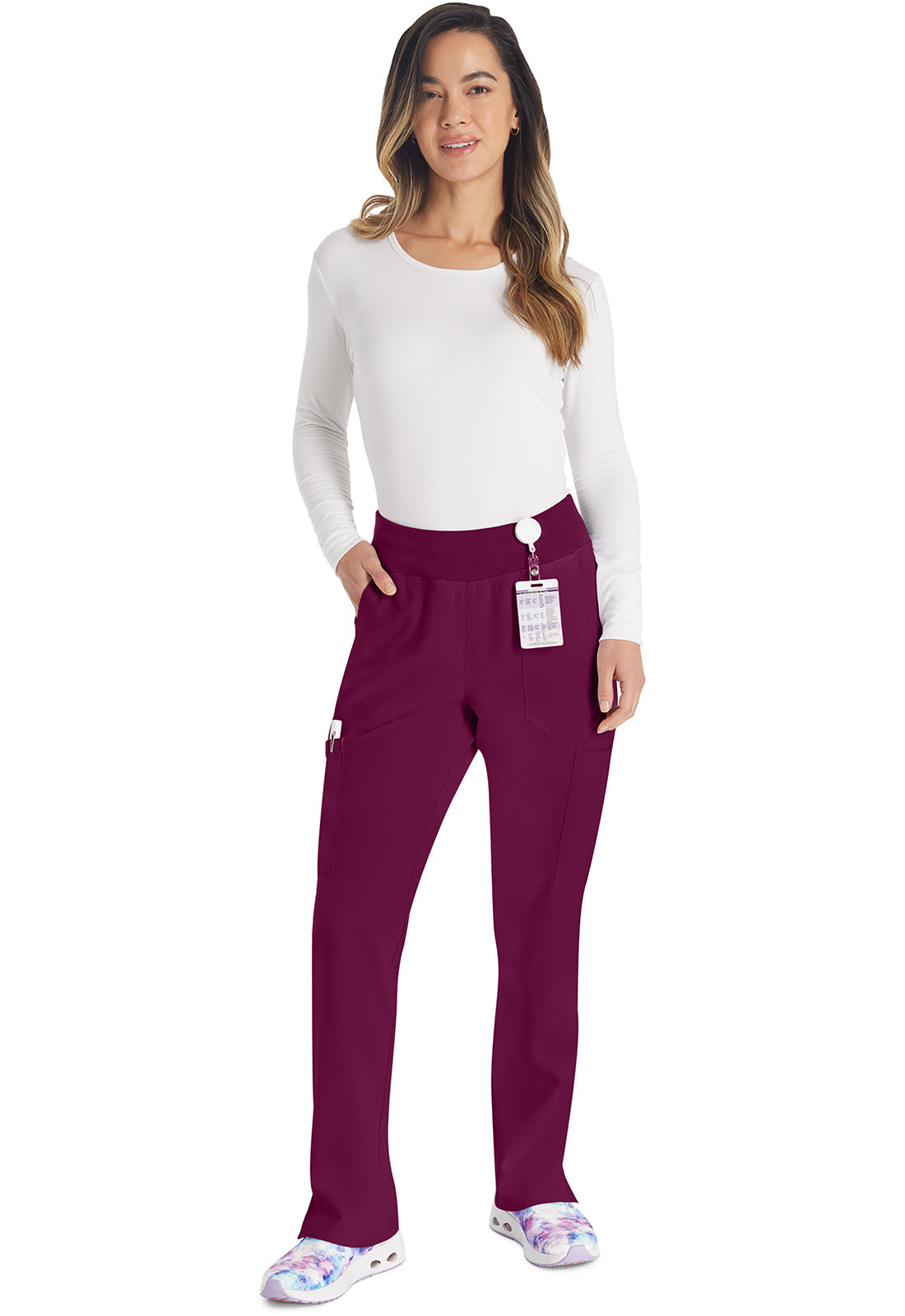 EDS Essentials DK005 Women's Natural Rise Tapered Leg Pull-On Scrub Pants Wine