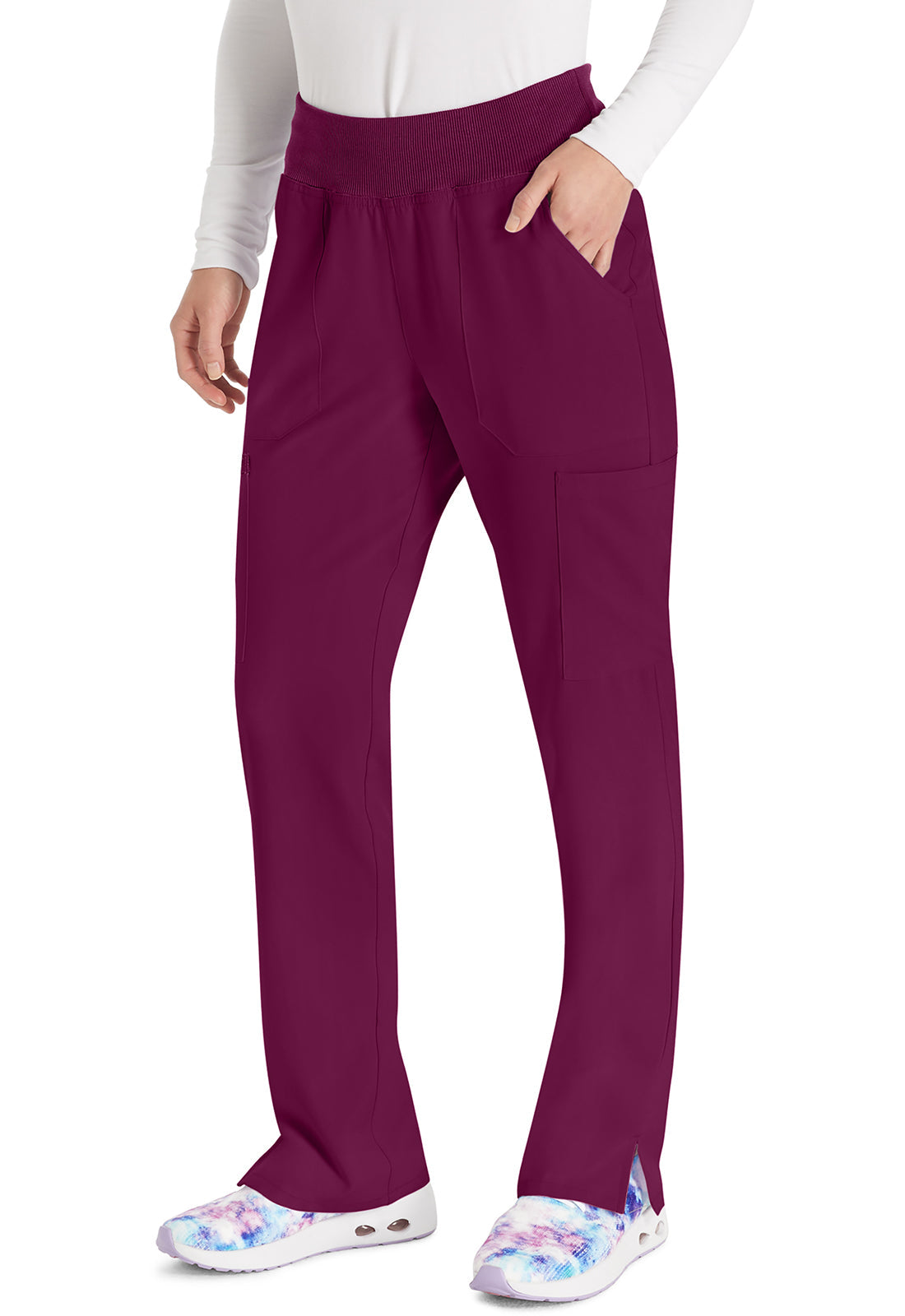 EDS Essentials DK005 Women's Natural Rise Tapered Leg Pull-On Scrub Pants Wine
