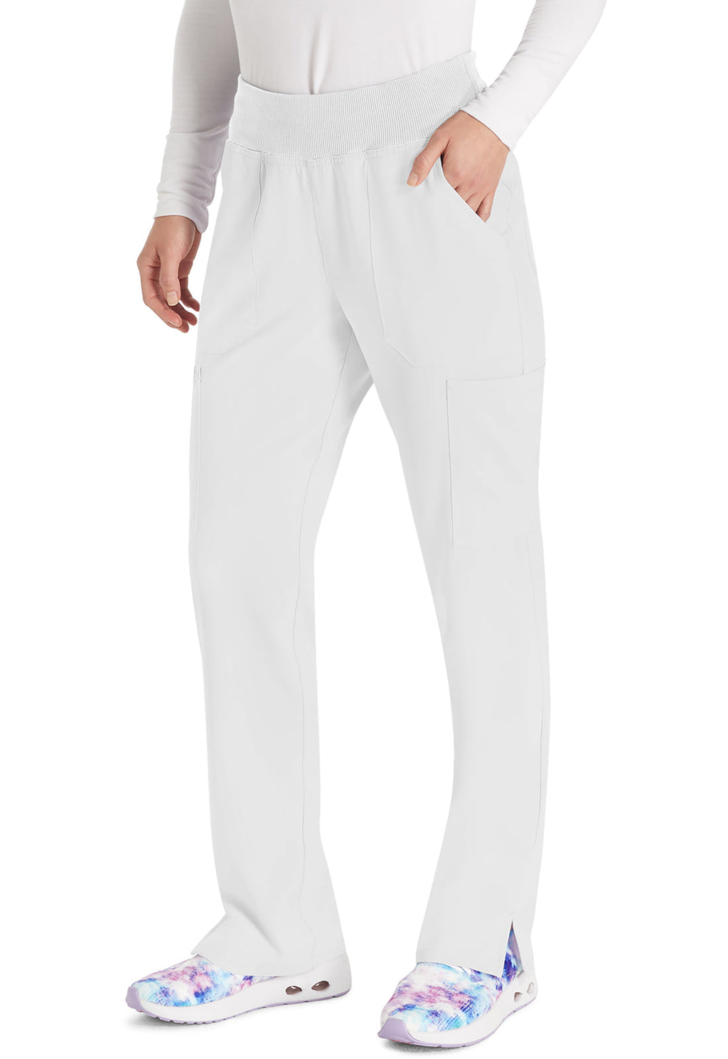 EDS Essentials DK005 Women's Natural Rise Tapered Leg Pull-On Scrub Pants White