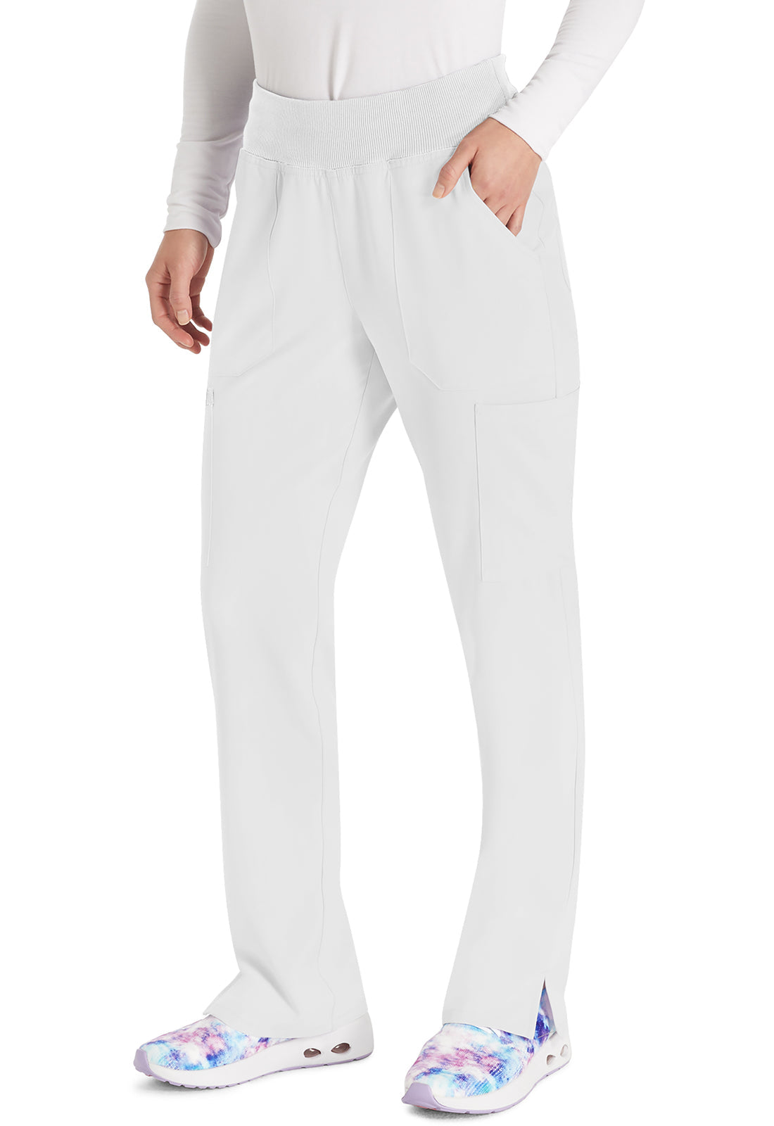 EDS Essentials DK005 Women's Natural Rise Tapered Leg Pull-On Scrub Pants White