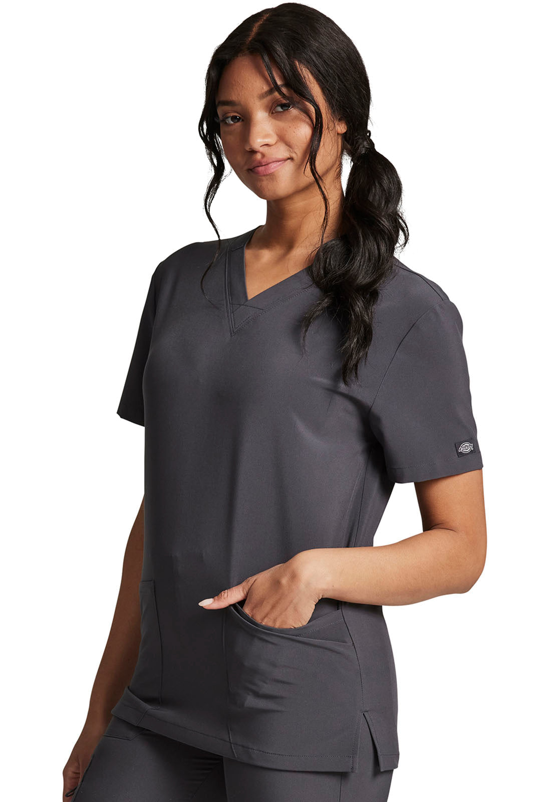 EDS Essentials DK619 Unisex V-Neck Top Pewter Model Image Right Side | Dickies