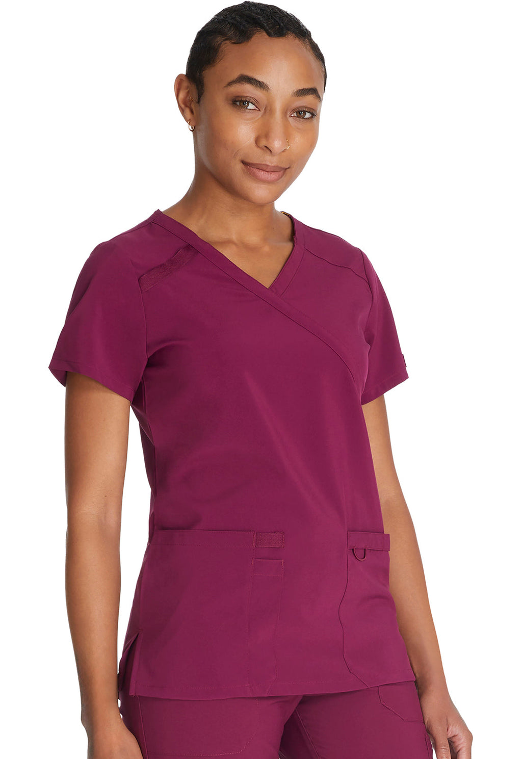 EDS Essentials DK625 Mock Wrap Top Wine Model Image Left Side | Dickies