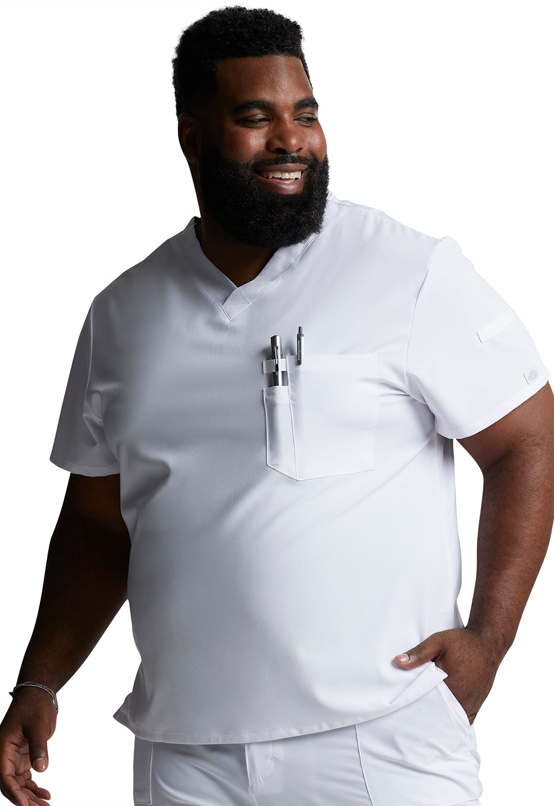 EDS Essentials DK635 Men's Tuckable V-Neck Top White Model Image Right Side | Dickies