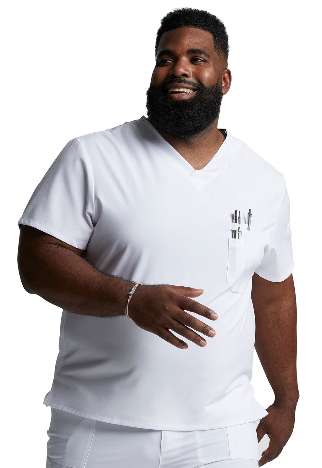 EDS Essentials DK635 Men's Tuckable V-Neck Top White Model Image Left Side | Dickies