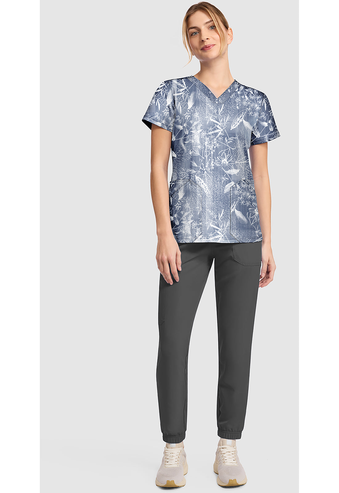 EDS DK667 Women's V-Neck Print Scrub Top Dappled Plaid