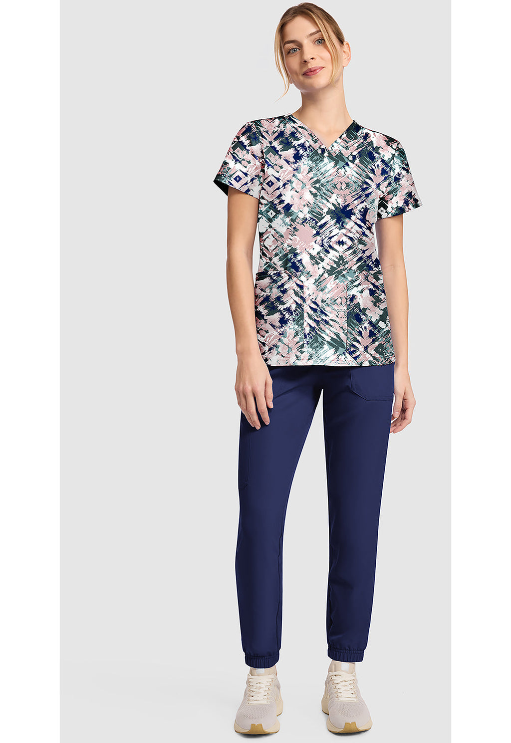 EDS DK667 Women's V-Neck Print Scrub Top Tribal Tie Dye