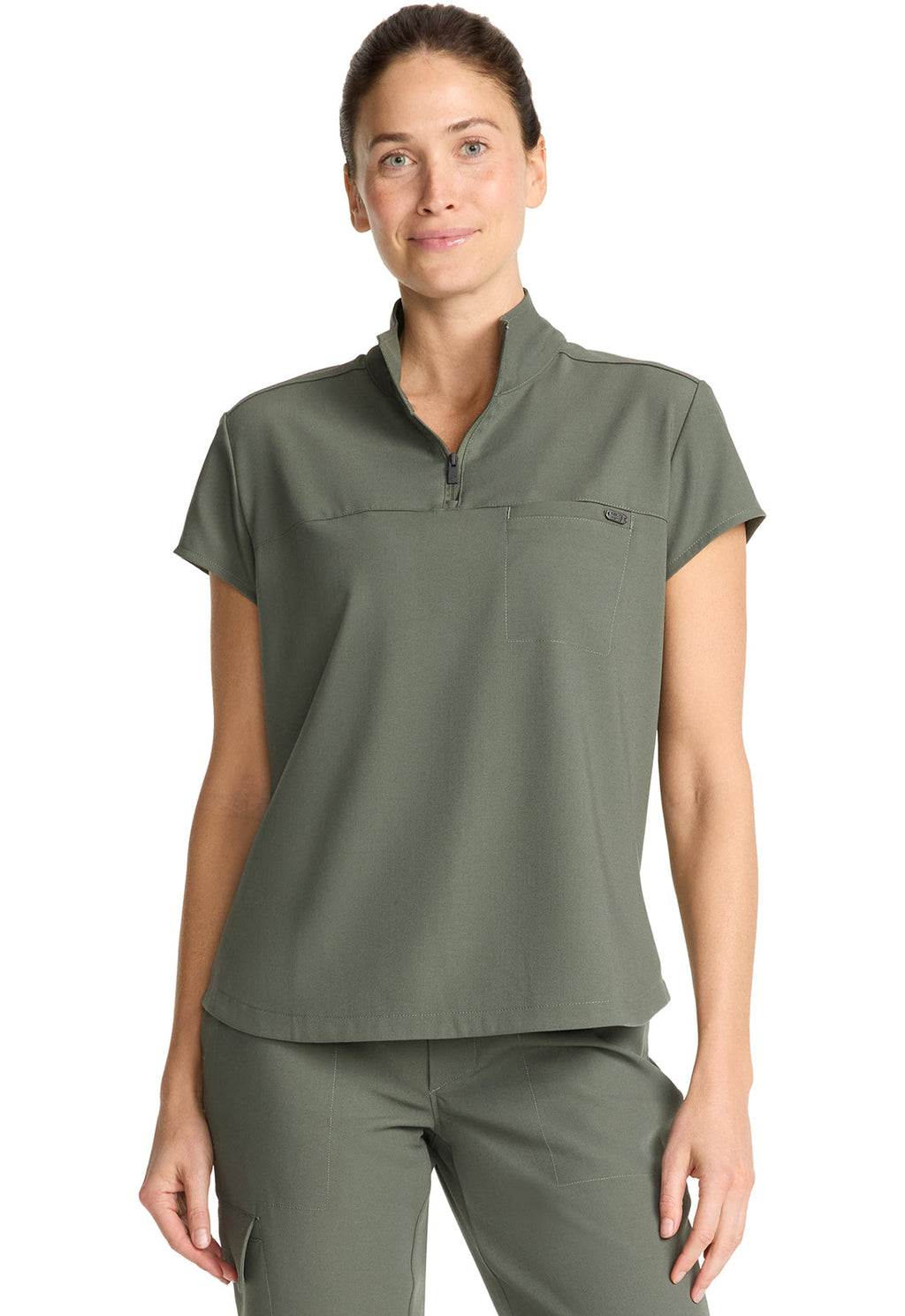 Quest HH752 Women's Partial Zip Stand Collar Scrub Top Olive