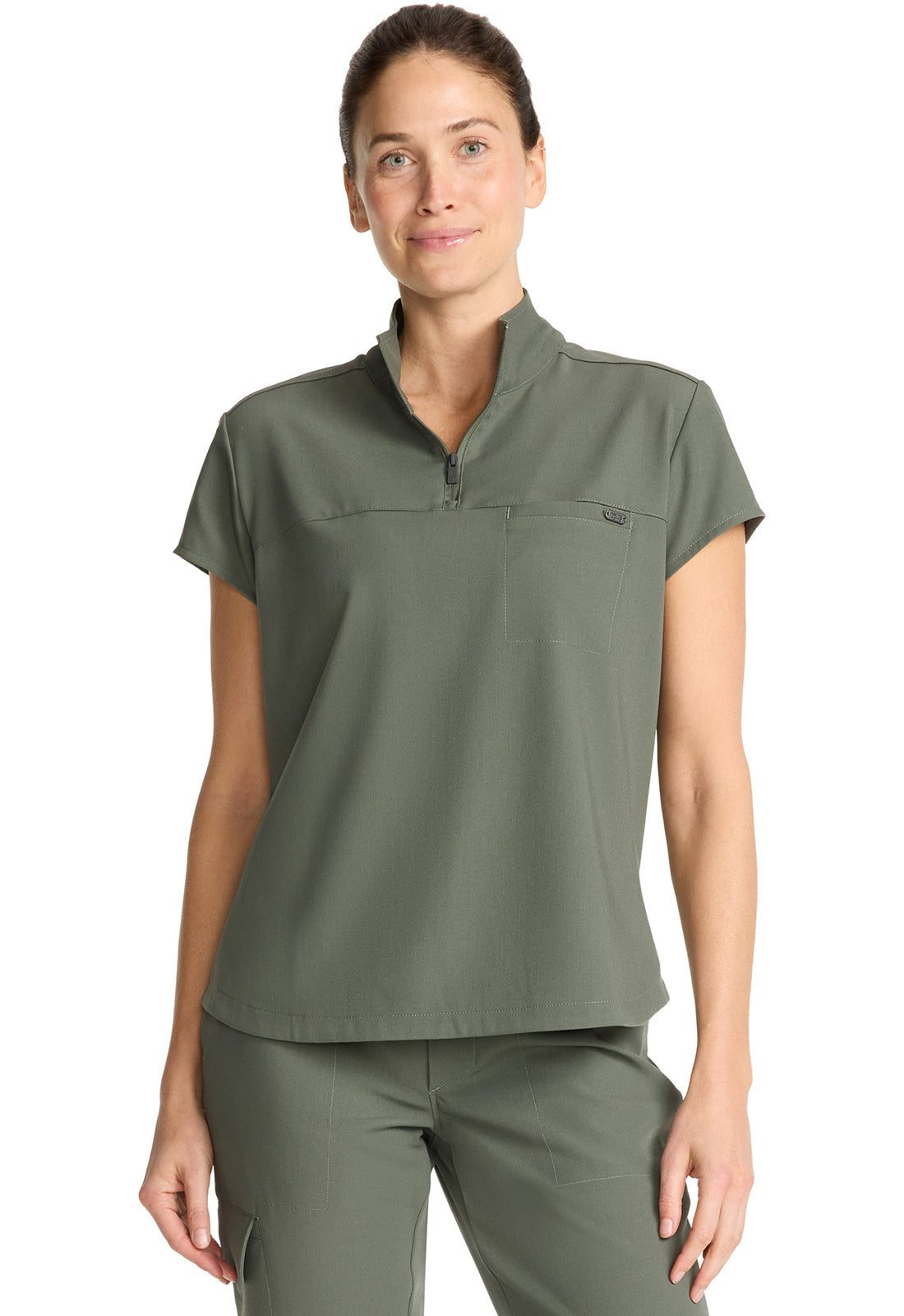 Quest HH752 Women's Partial Zip Stand Collar Scrub Top Olive