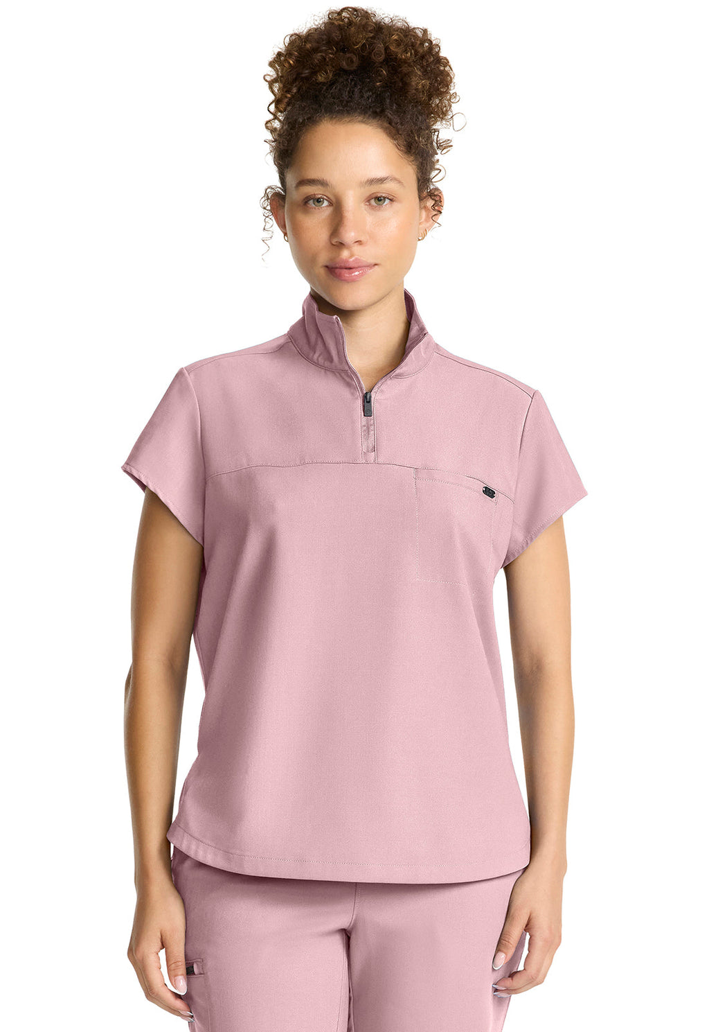 Quest HH752 Women's Partial Zip Stand Collar Scrub Top Pink Pearl