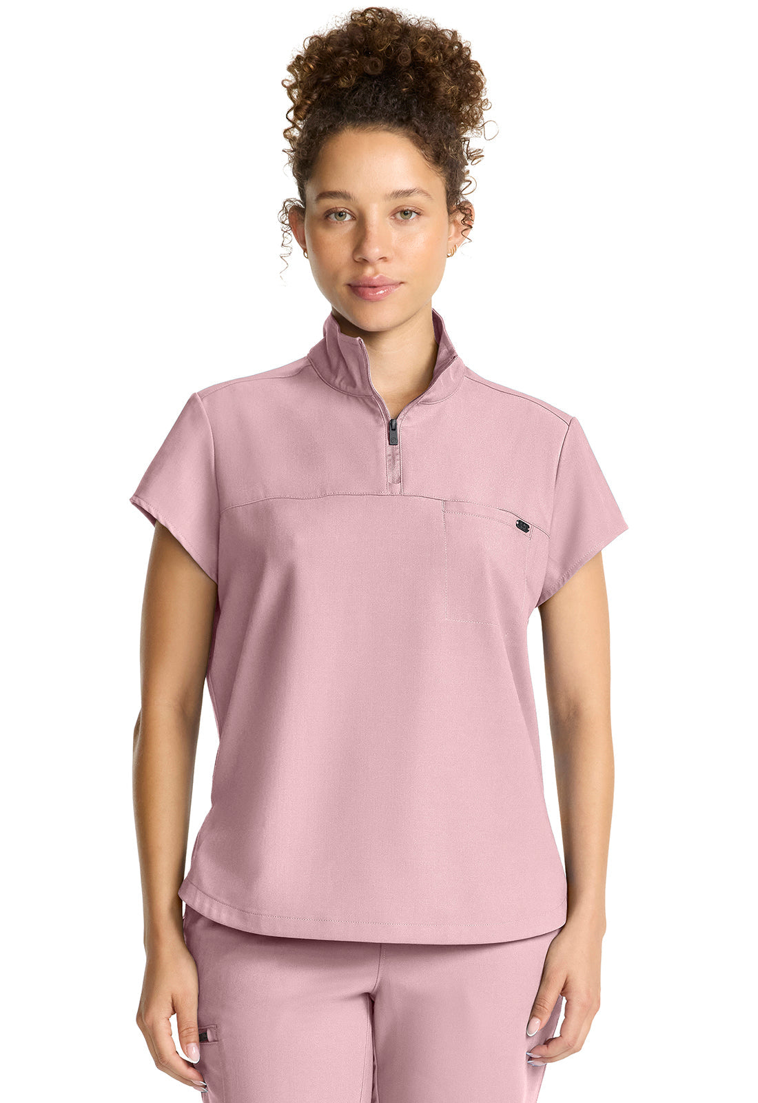 Quest HH752 Women's Partial Zip Stand Collar Scrub Top Pink Pearl