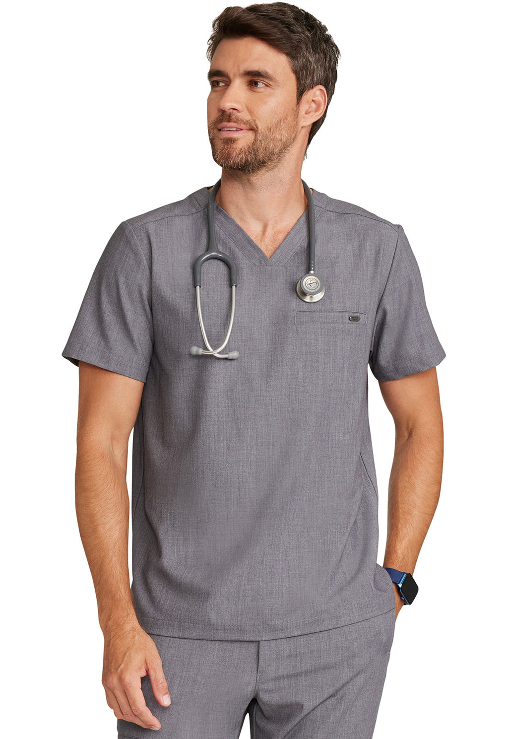 Quest HH758 Men's 1-Pocket V-Neck Scrub Top Heather Ash