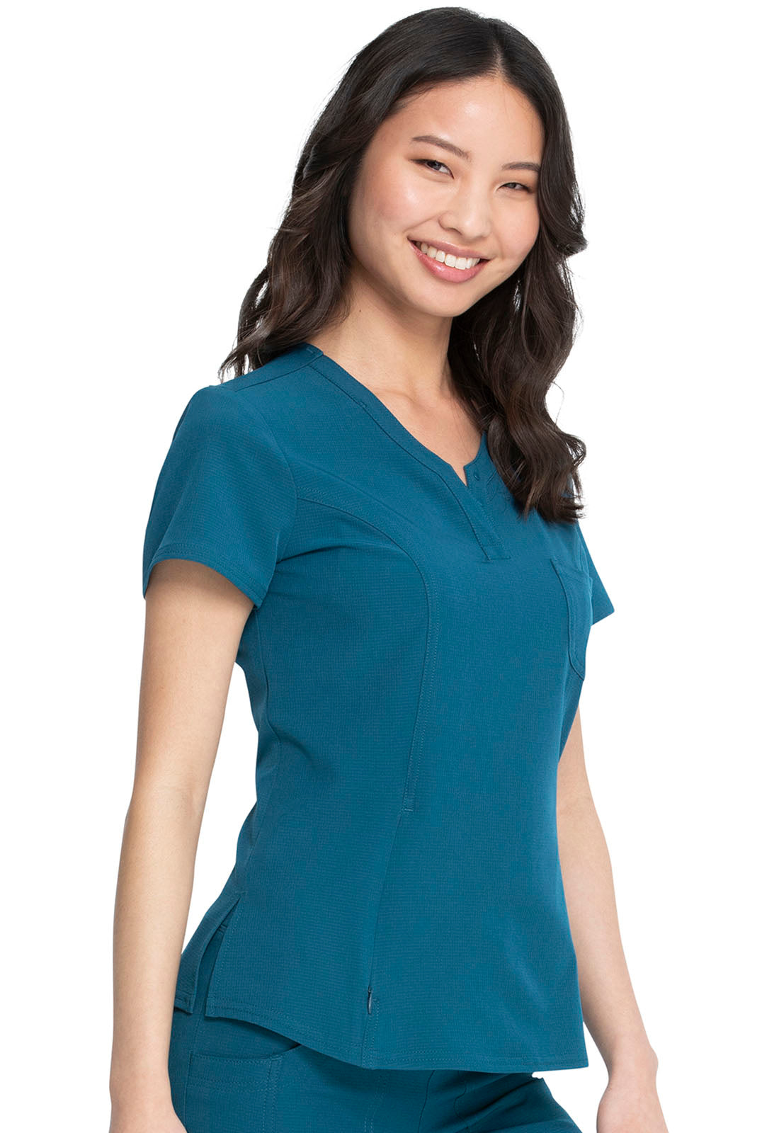 HeartSoul Break on Through HS710 Tuckable V-Neck Top Caribbean Blue Model Image Left Side | Heartsoul