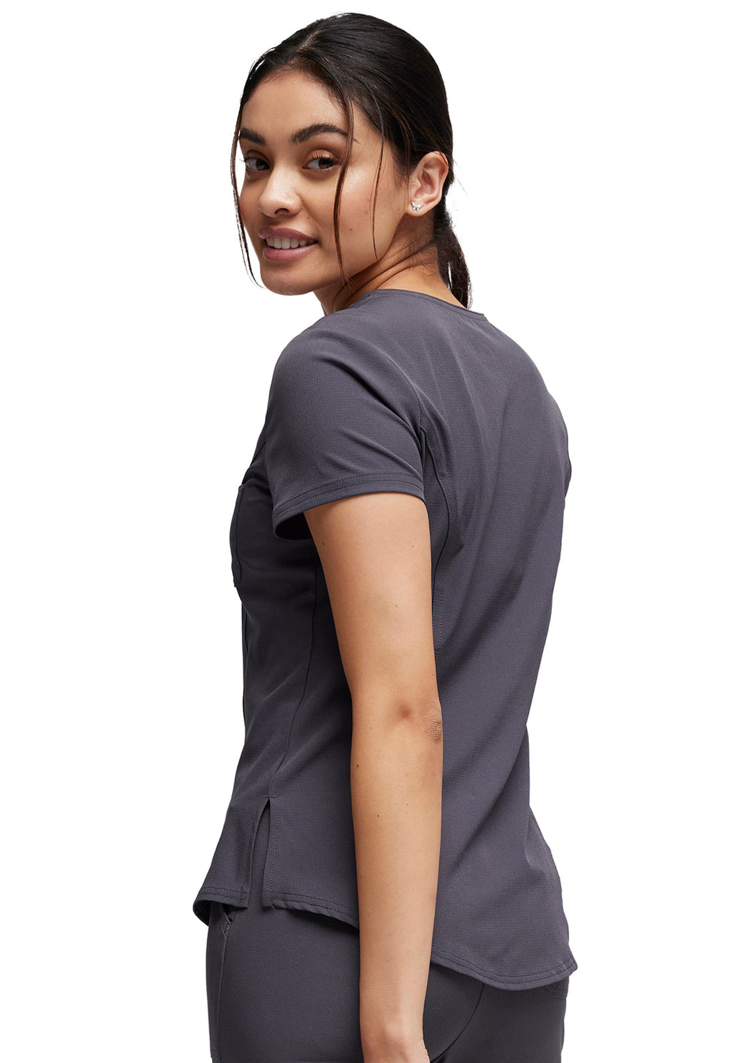 HeartSoul Break on Through HS710 Tuckable V-Neck Top Pewter Model Image Back | Heartsoul