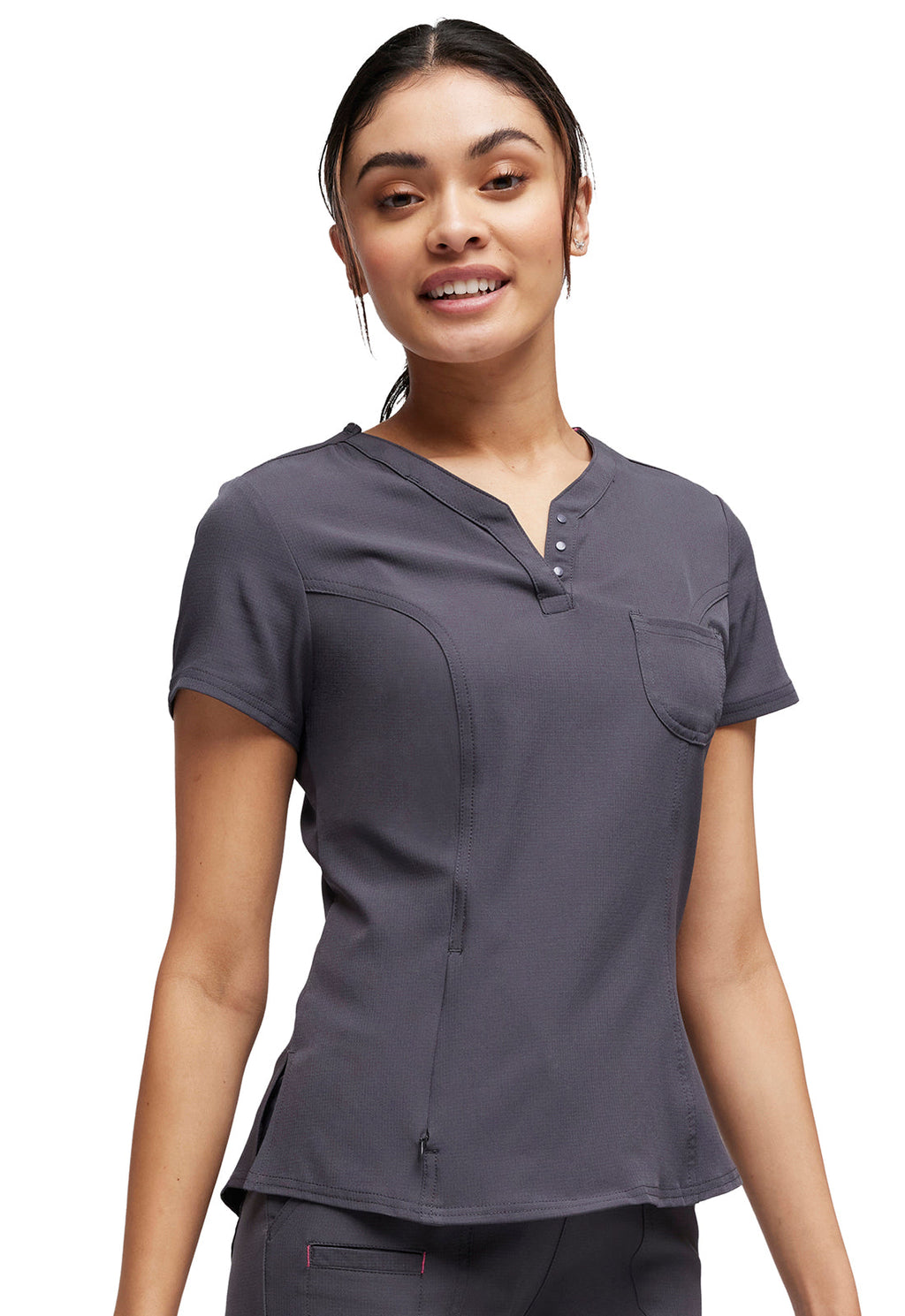 HeartSoul Break on Through HS710 Tuckable V-Neck Top Pewter Model Image Left Side | Heartsoul