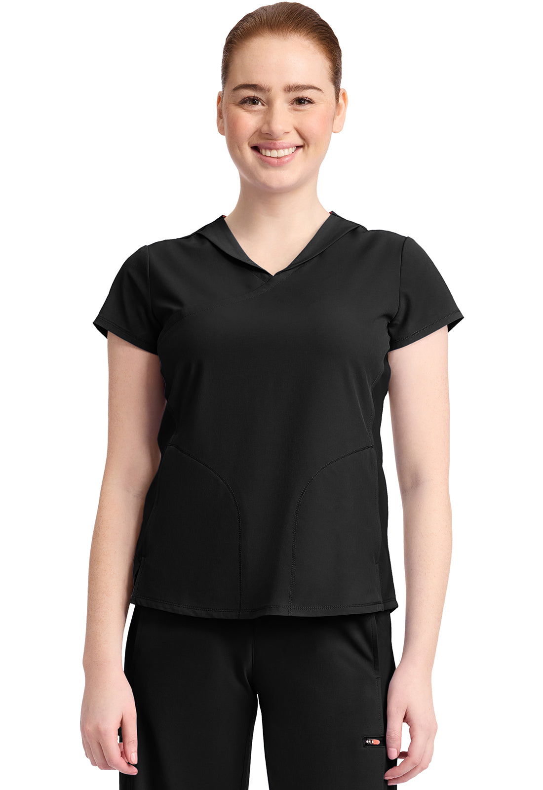 GNR8 IN635A Women's 2-Pocket Mock-Wrap V-Neck Top Black