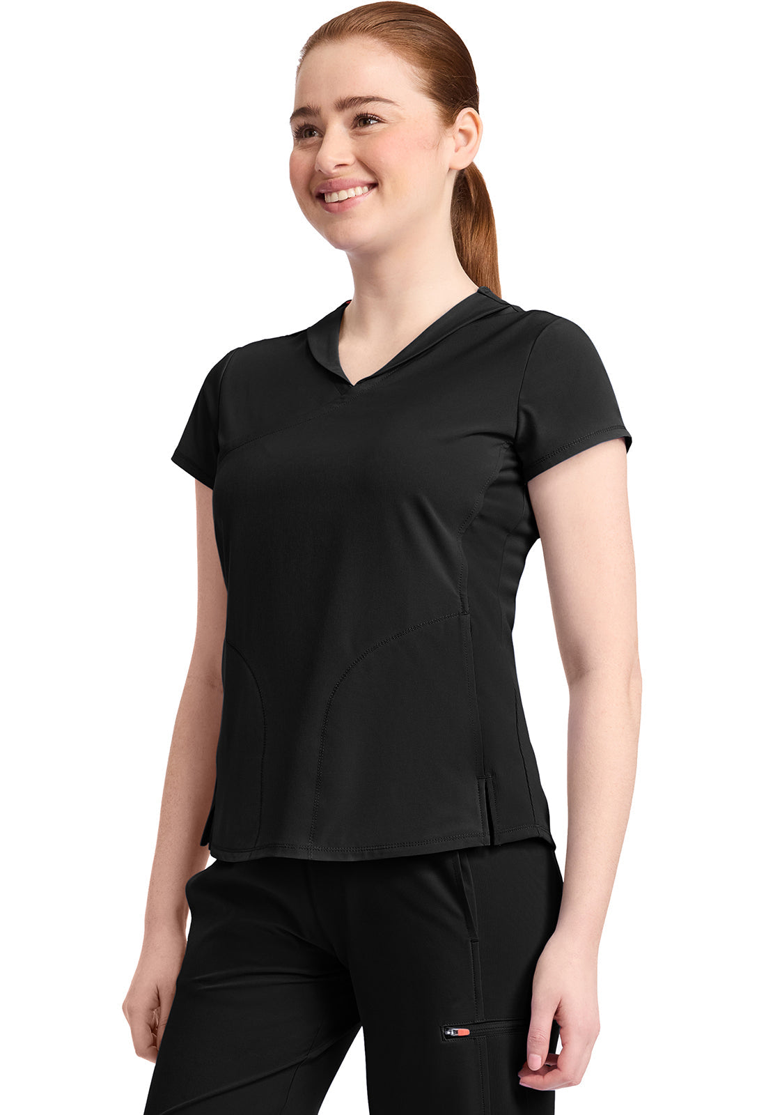 GNR8 IN635A Women's 2-Pocket Mock-Wrap V-Neck Top Black