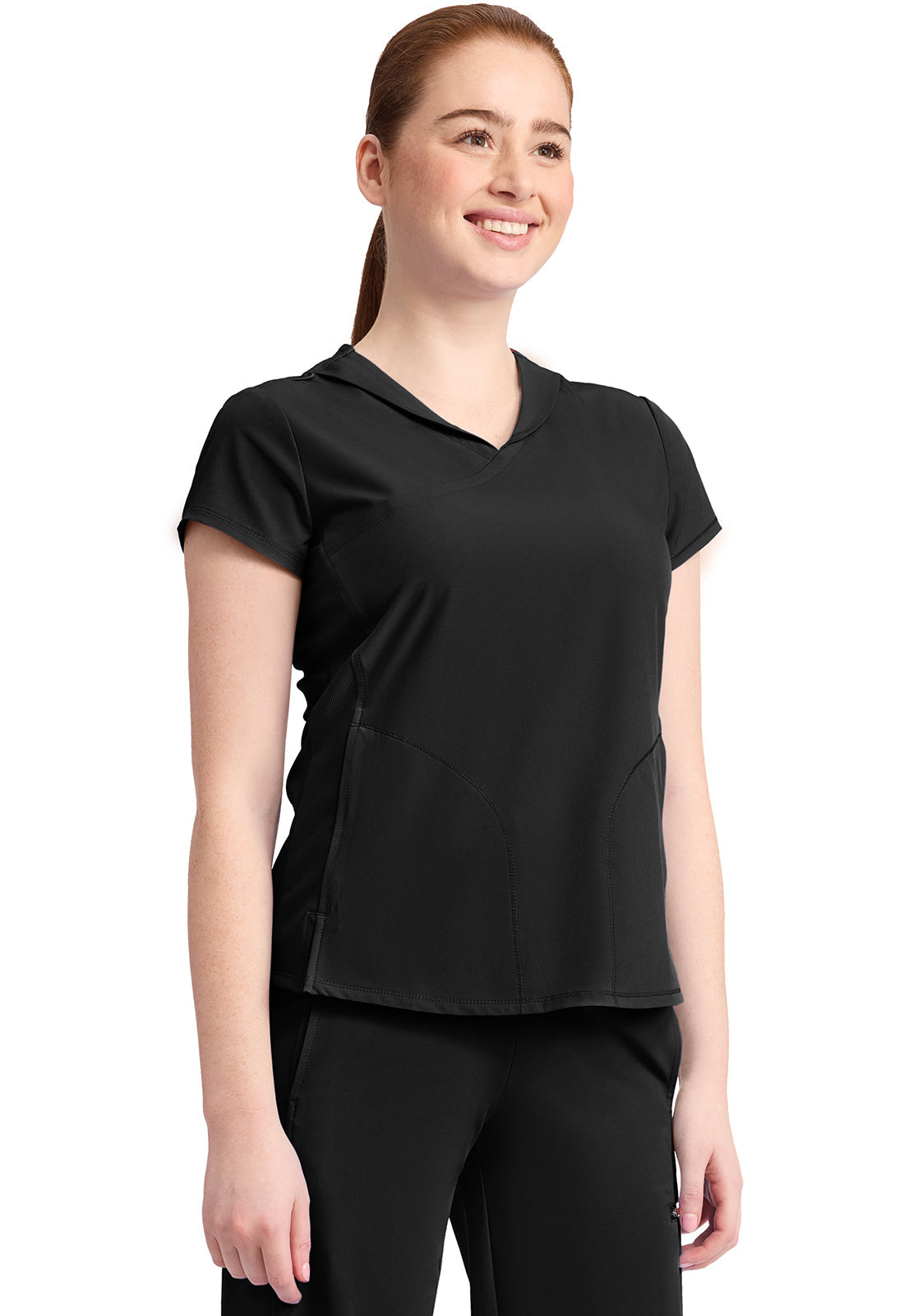 GNR8 IN635A Women's 2-Pocket Mock-Wrap V-Neck Top Black