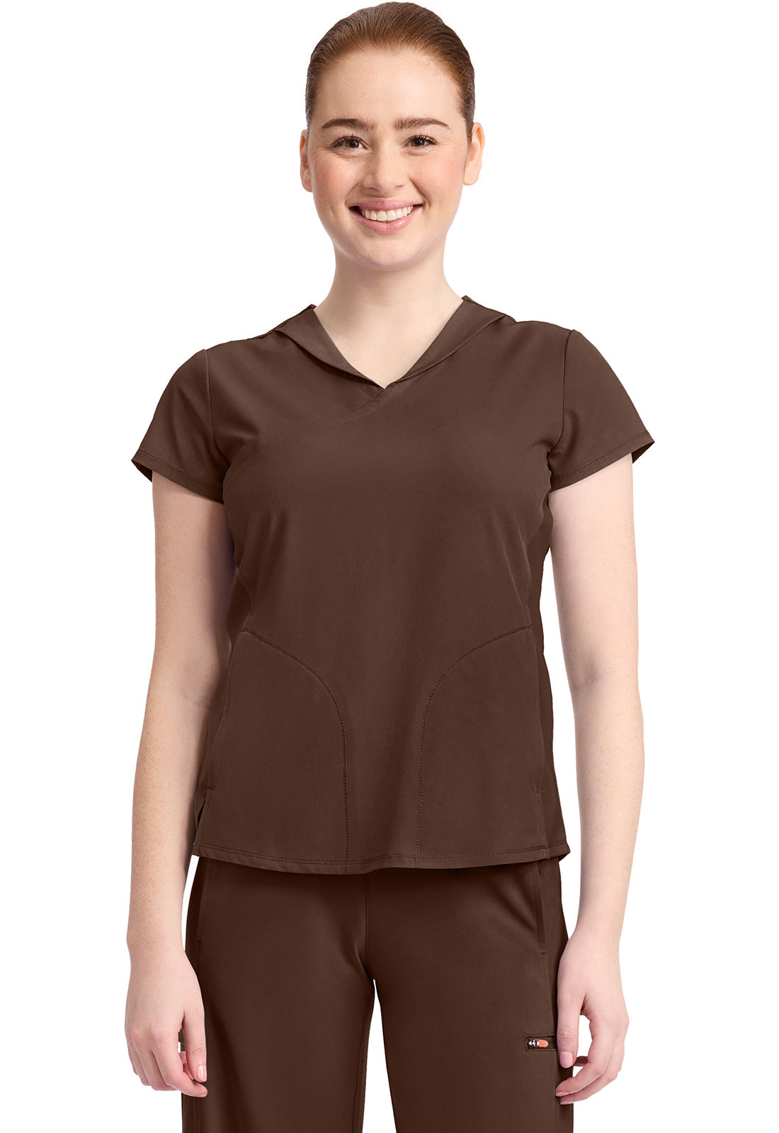 GNR8 IN635A Women's 2-Pocket Mock-Wrap V-Neck Top Espresso Express