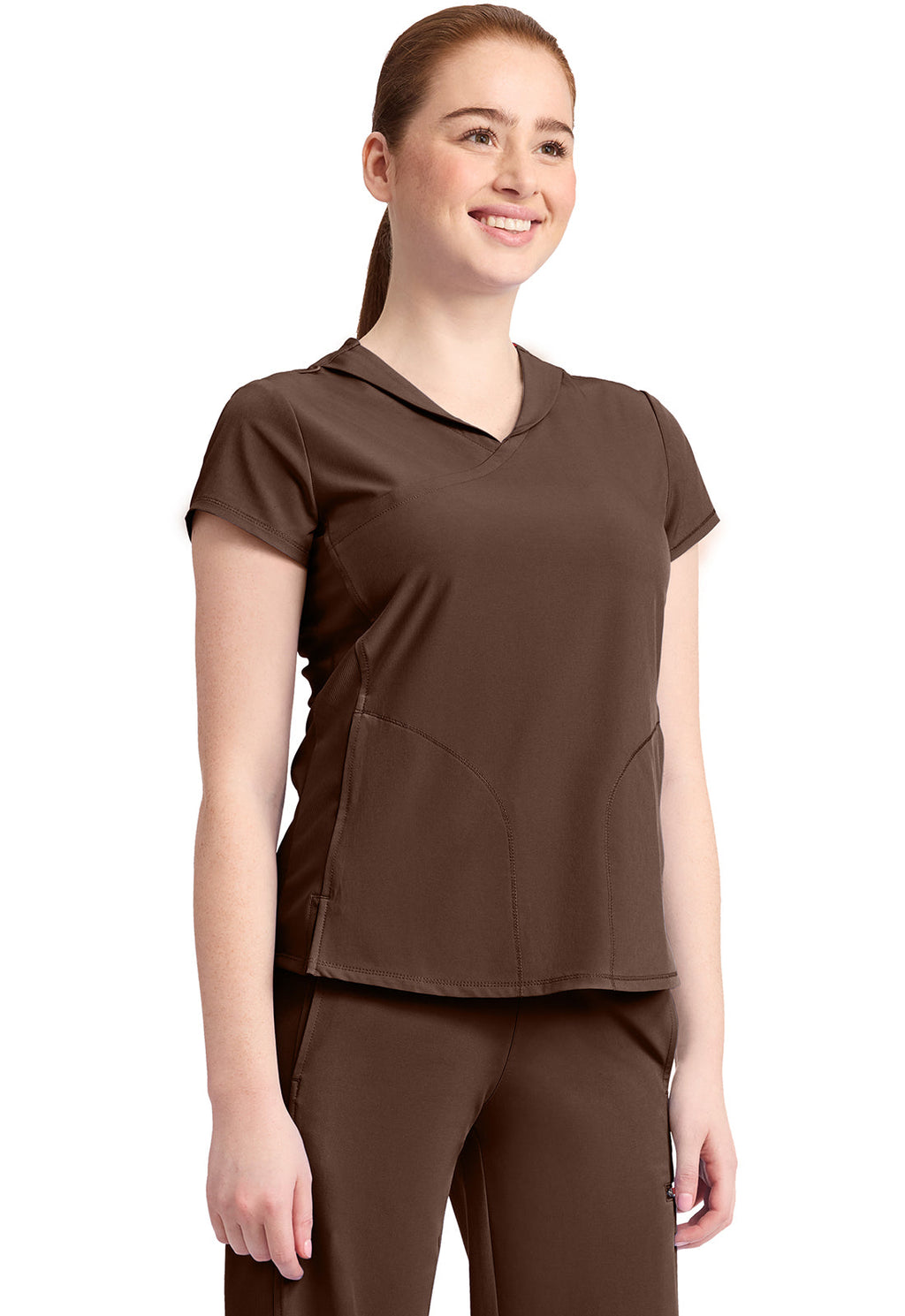 GNR8 IN635A Women's 2-Pocket Mock-Wrap V-Neck Top Espresso Express