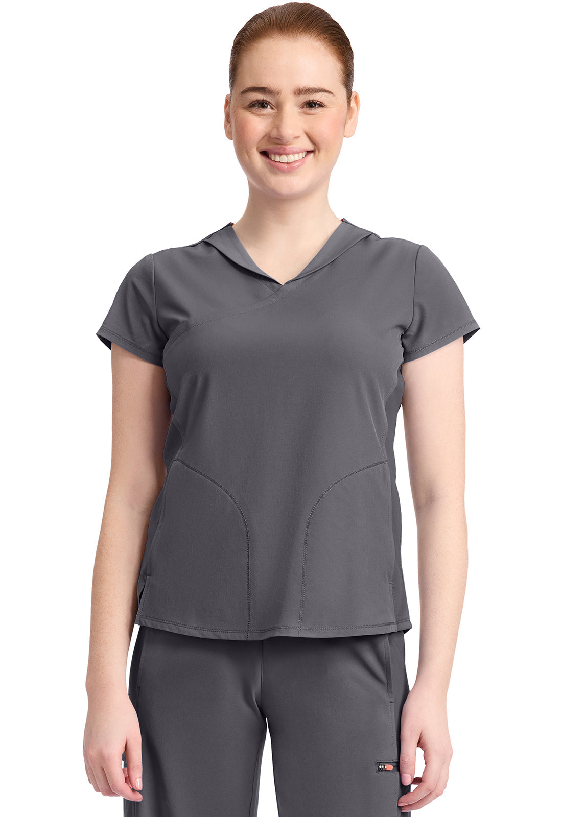 GNR8 IN635A Women's 2-Pocket Mock-Wrap V-Neck Top Pewter
