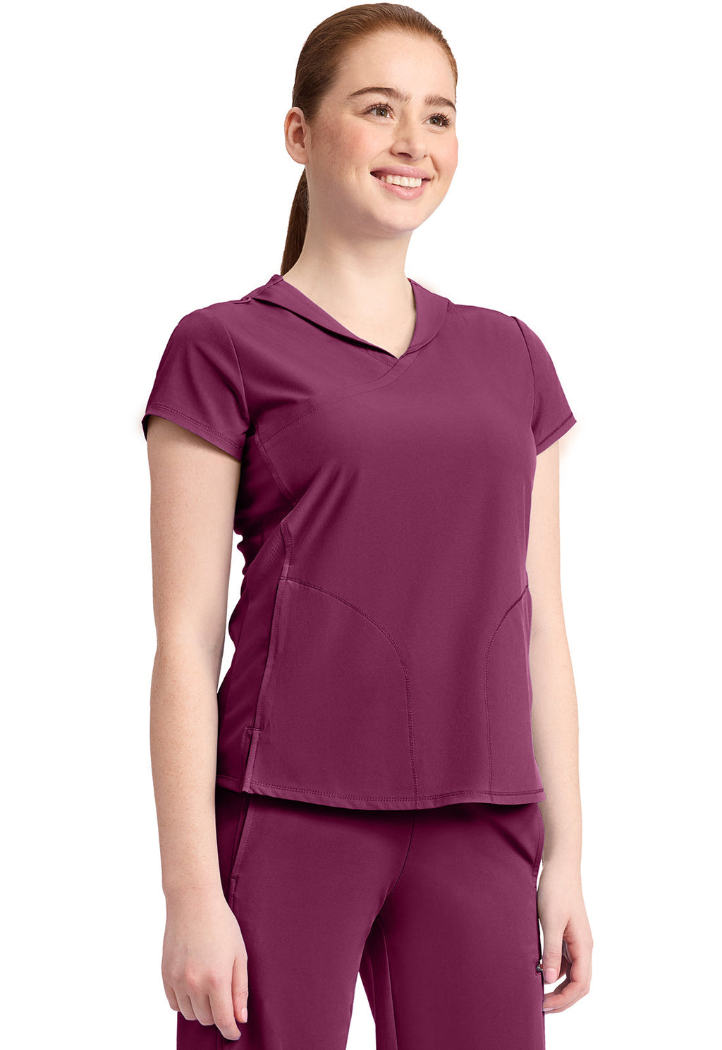 GNR8 IN635A Women's 2-Pocket Mock-Wrap V-Neck Top Wine