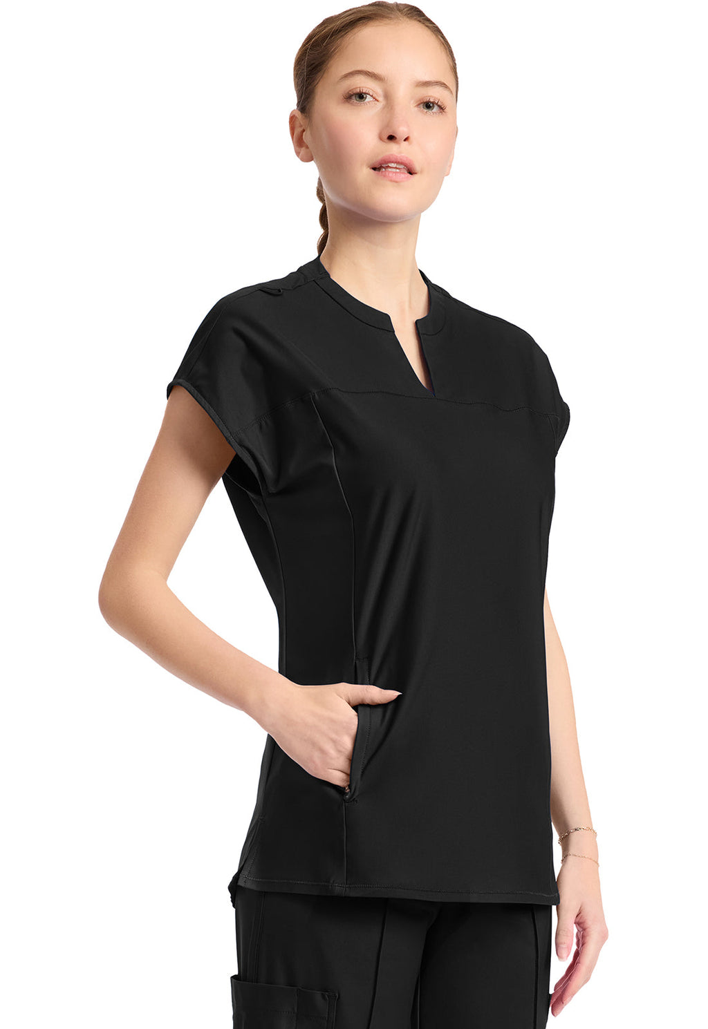 Kinetic IN811A Women's 2-Pocket Henley Tunic Top Black