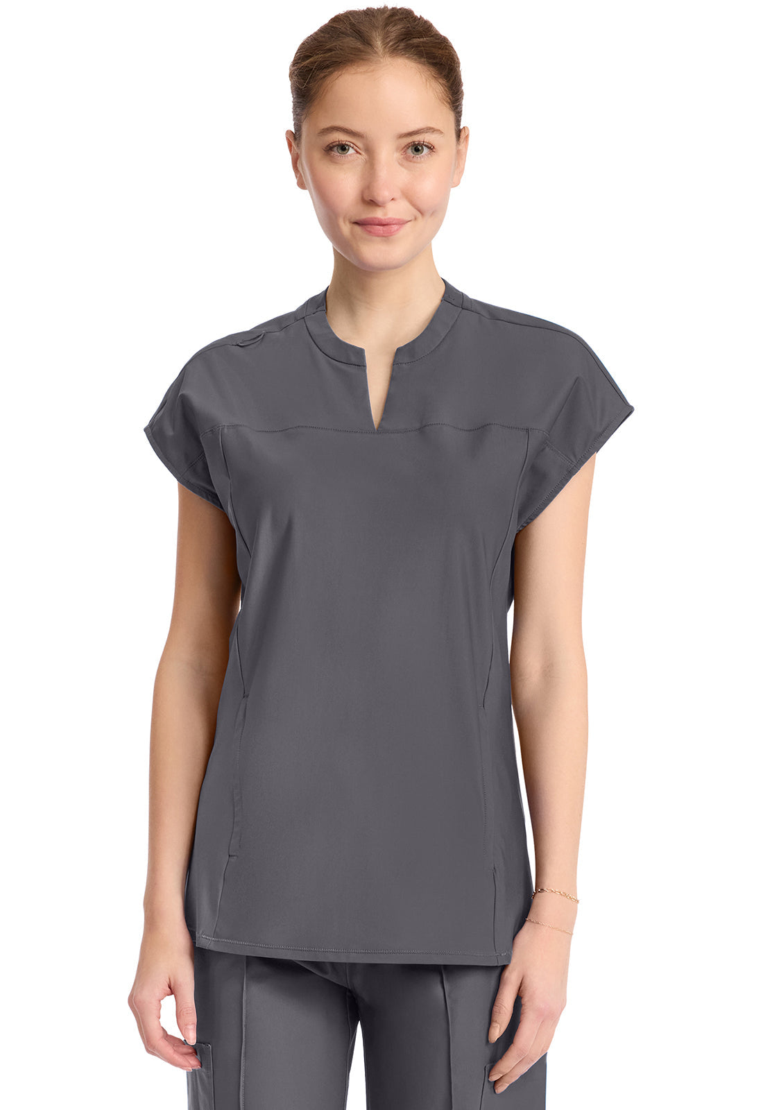 Kinetic IN811A Women's 2-Pocket Henley Tunic Top Pewter