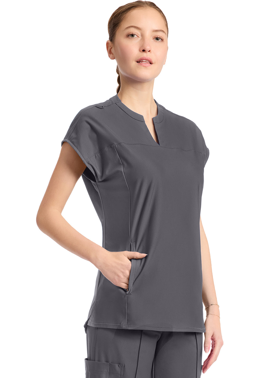 Kinetic IN811A Women's 2-Pocket Henley Tunic Top Pewter
