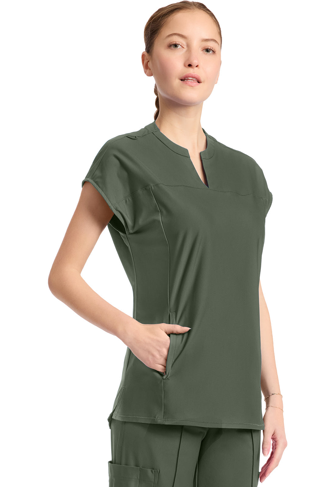 Kinetic IN811A Women's 2-Pocket Henley Tunic Top Sap Green