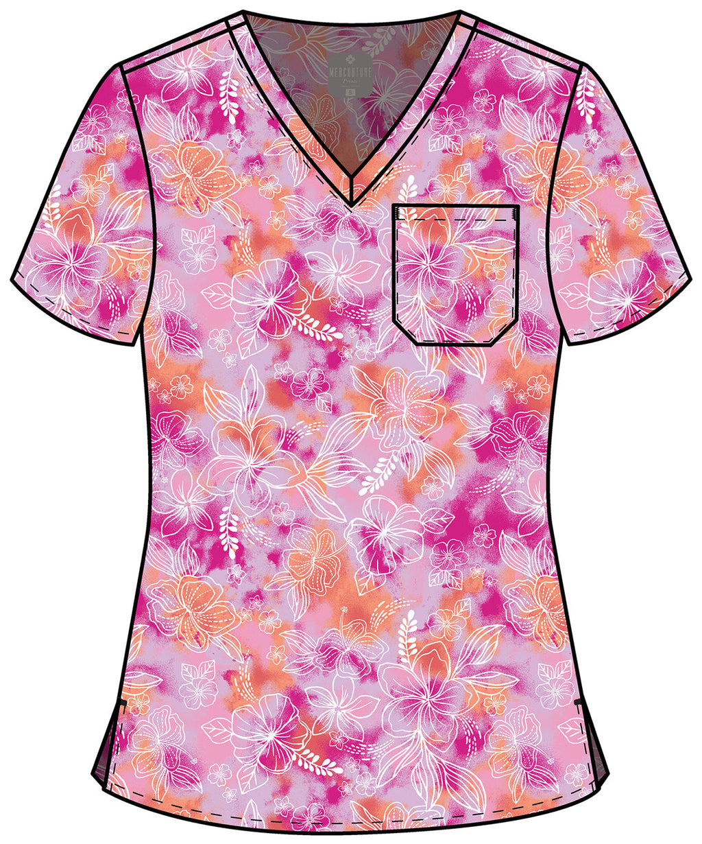 Prints MC632 Women's Print V-Neck Scrub Top Hello Hibiscus