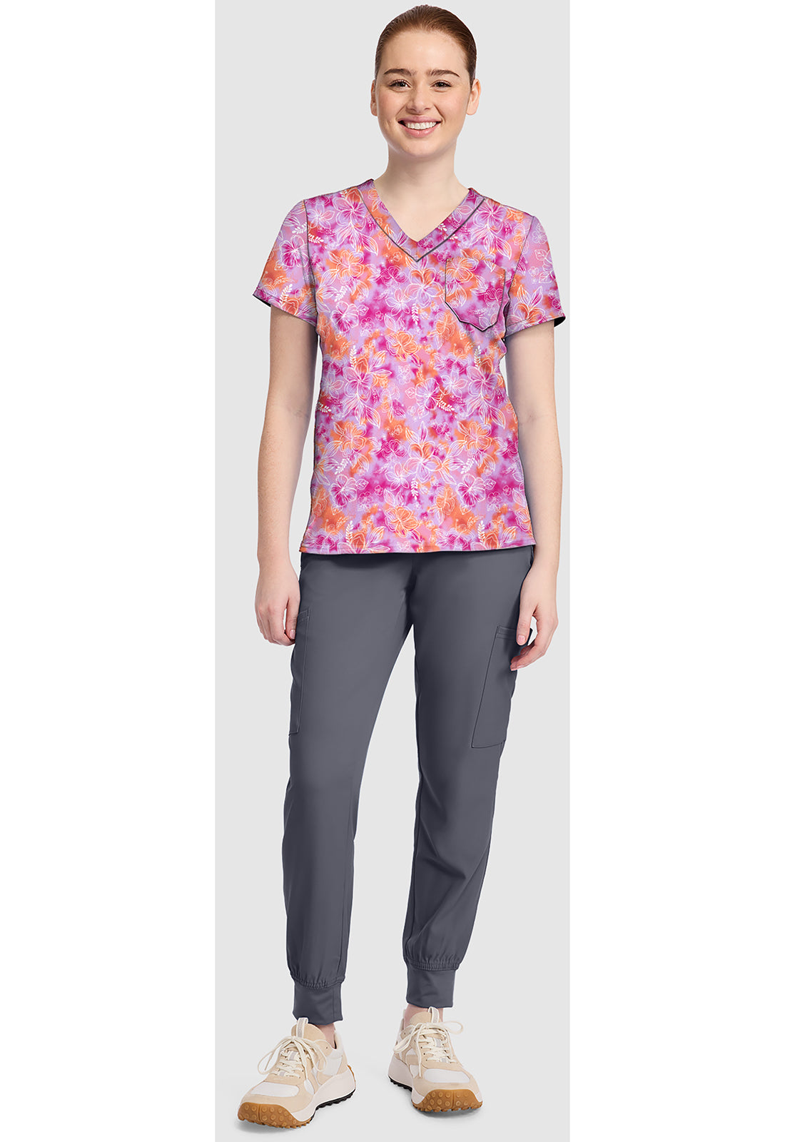Prints MC632 Women's Print V-Neck Scrub Top Hello Hibiscus