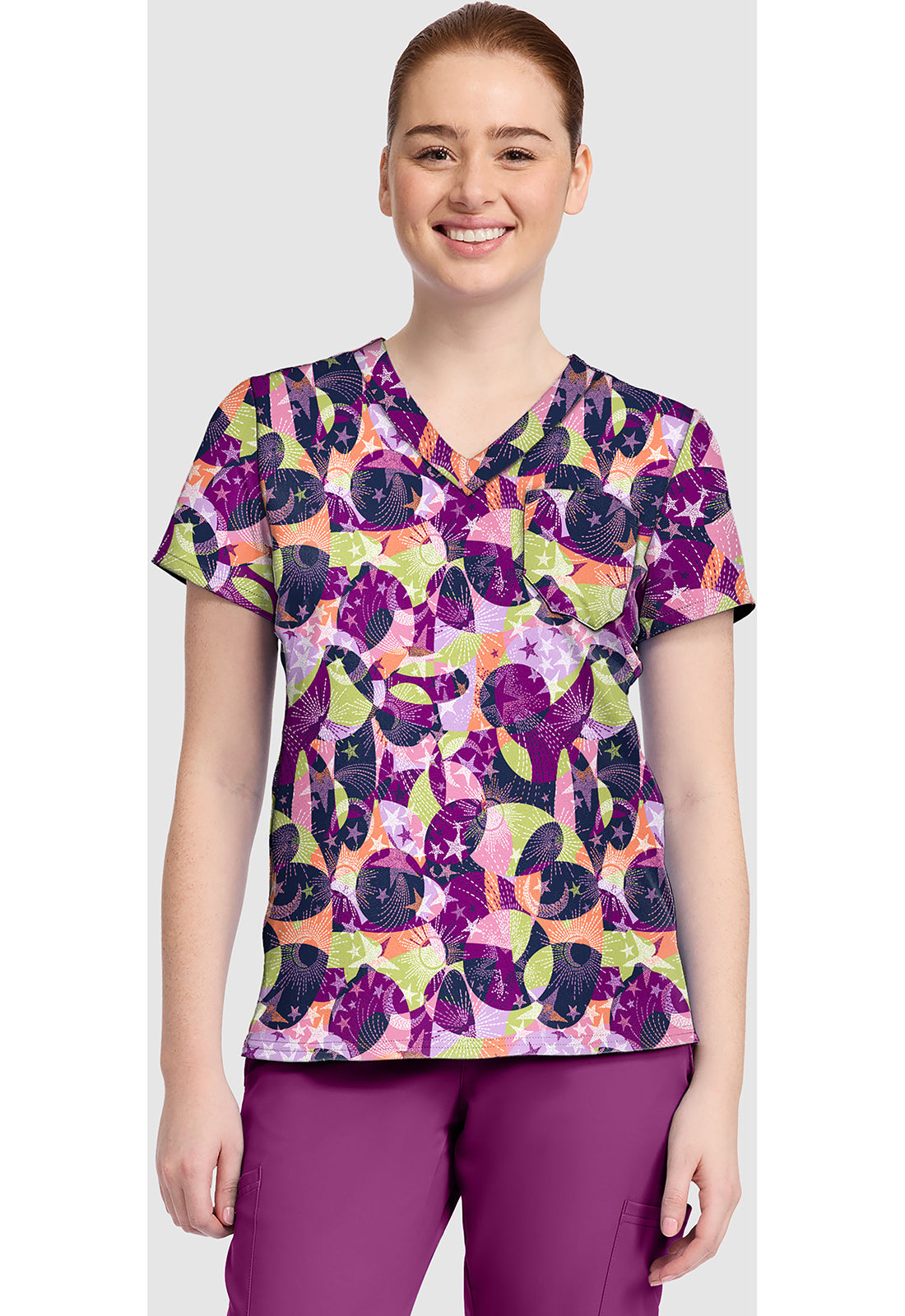 Prints MC632 Women's Print V-Neck Scrub Top Star Bright