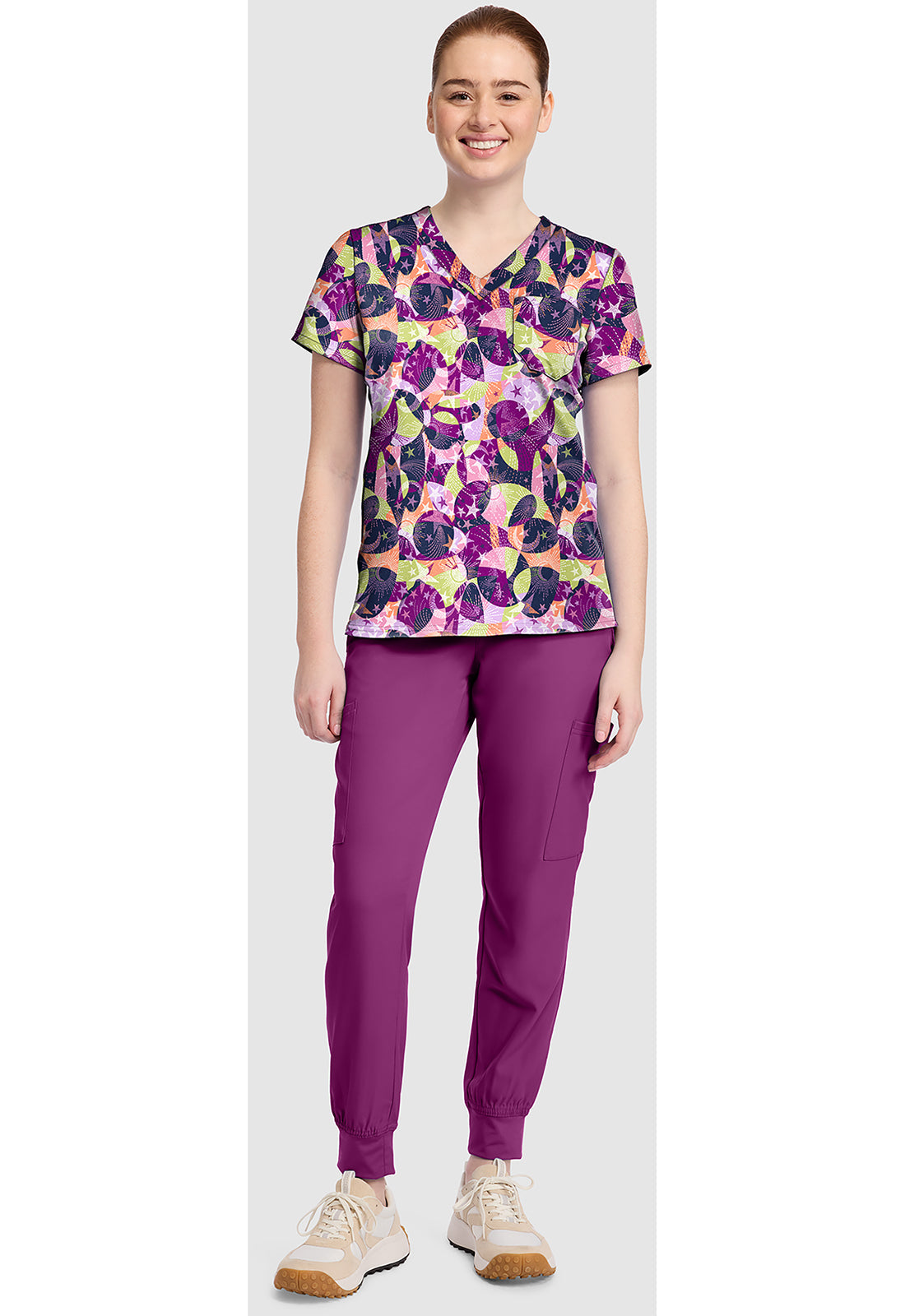 Prints MC632 Women's Print V-Neck Scrub Top Star Bright