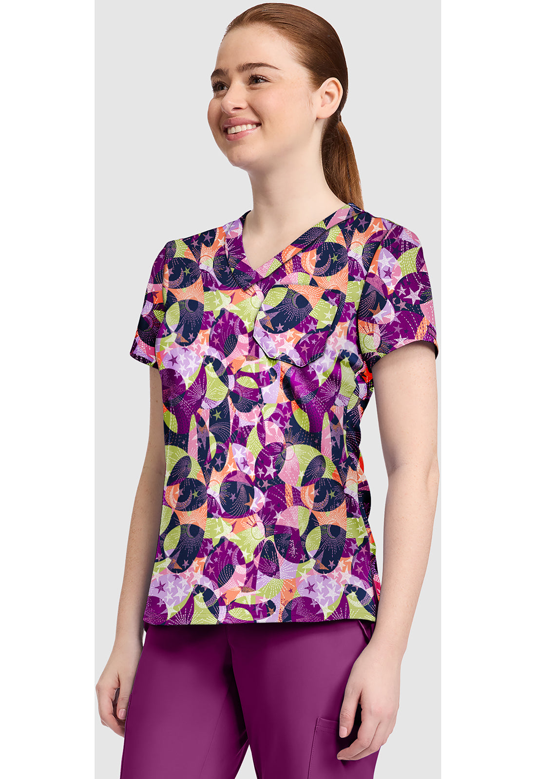 Prints MC632 Women's Print V-Neck Scrub Top Star Bright