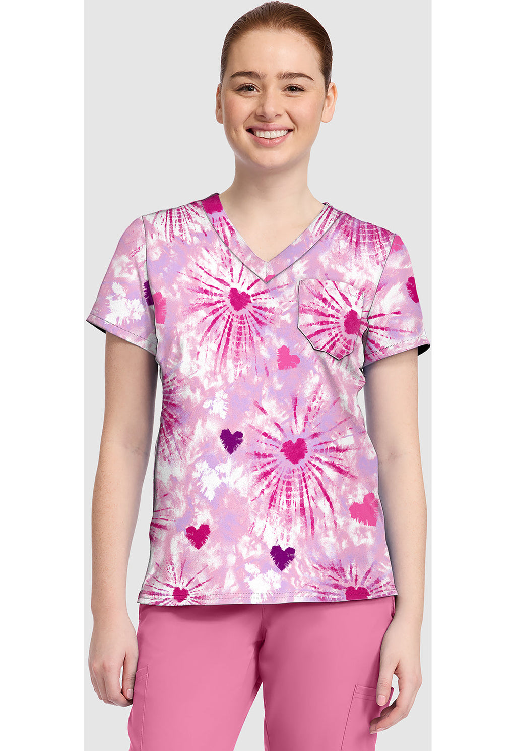 Prints MC632 Women's Print V-Neck Scrub Top Tie Dye Hearts