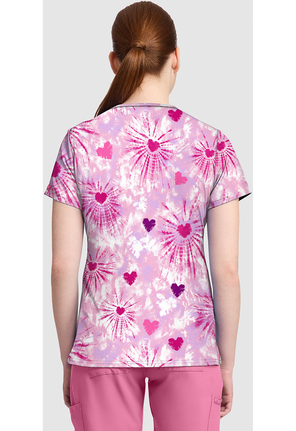 Prints MC632 Women's Print V-Neck Scrub Top Tie Dye Hearts