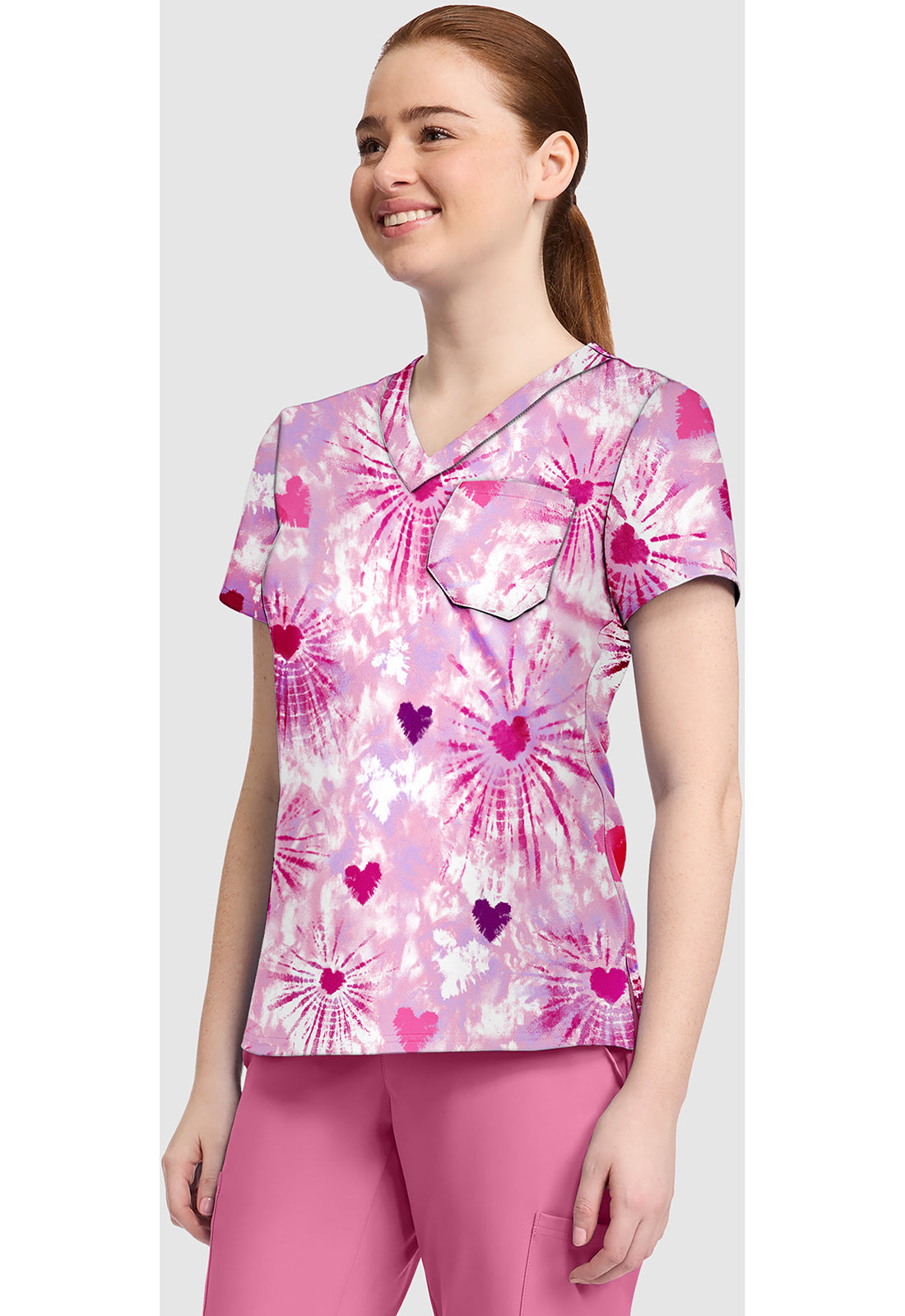 Prints MC632 Women's Print V-Neck Scrub Top Tie Dye Hearts