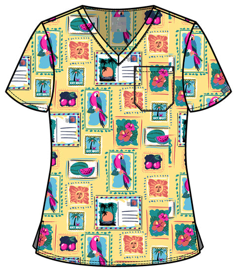 Prints MC632 Print V-Neck Top Vacation Post Card