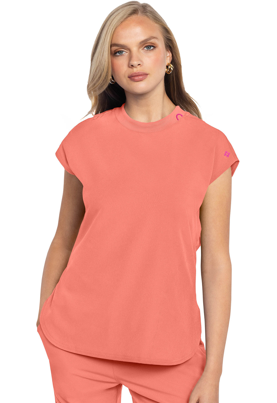 Amp MC703 Women's Round Neck Tuckable Scrub Top Coral Fusion