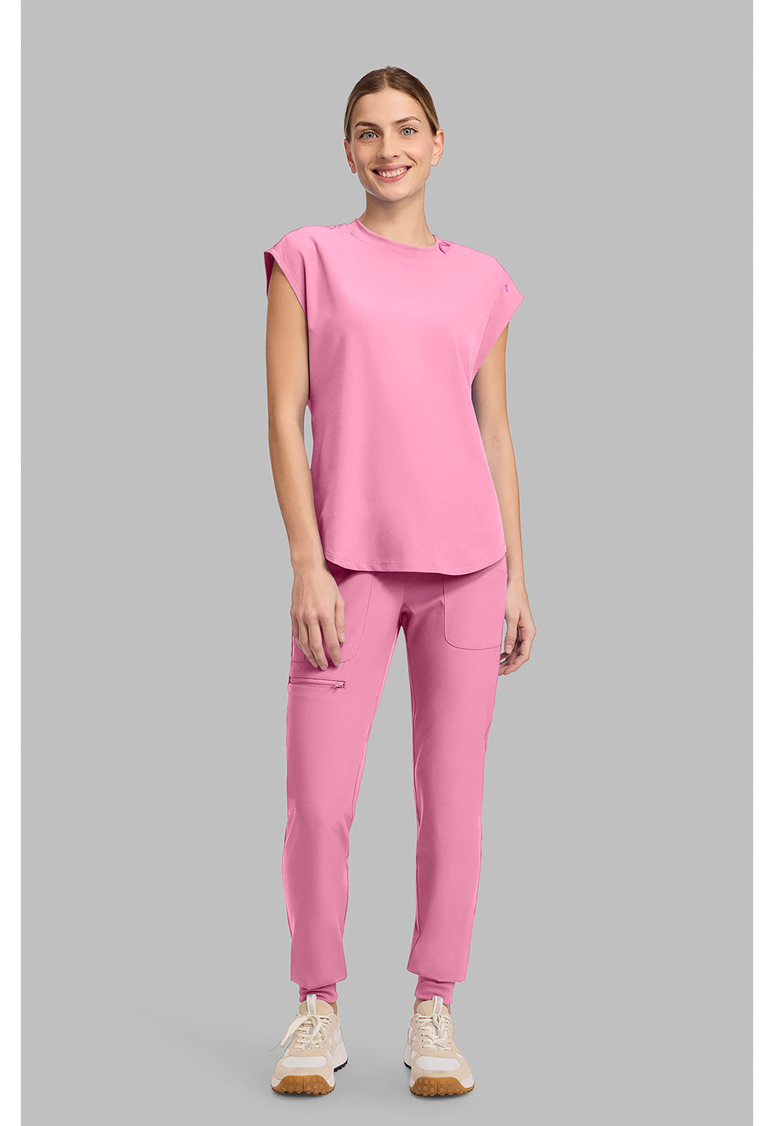 Amp MC703 Women's Round Neck Tuckable Scrub Top Pixel Pink