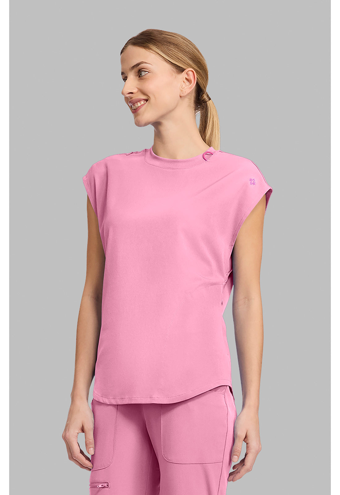 Amp MC703 Women's Round Neck Tuckable Scrub Top Pixel Pink