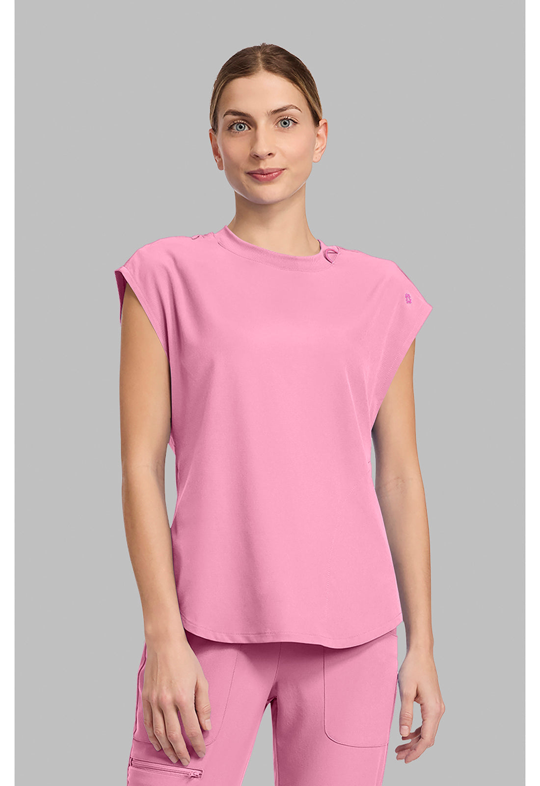 Amp MC703 Women's Round Neck Tuckable Scrub Top Pixel Pink