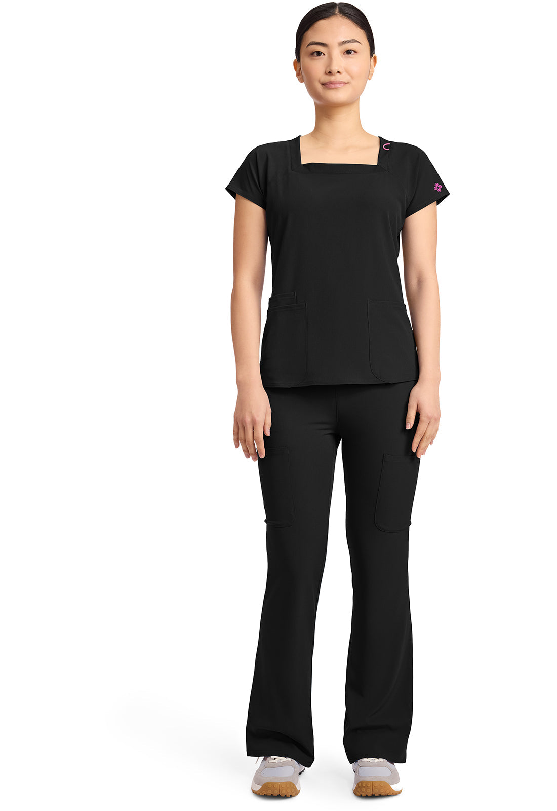 Amp MC704 Women's 3-Pocket Square Neck Scrub Top Black