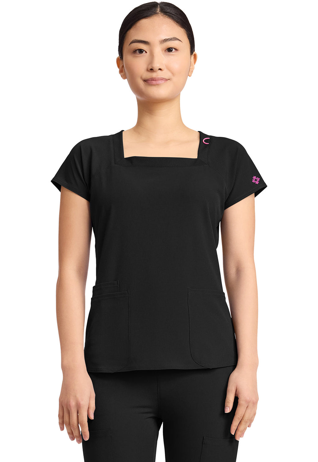 Amp MC704 Women's 3-Pocket Square Neck Scrub Top Black