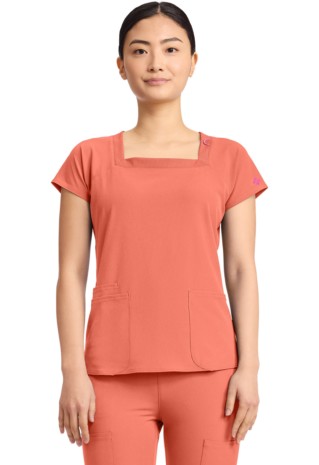 Amp MC704 Women's 3-Pocket Square Neck Scrub Top Coral Fusion
